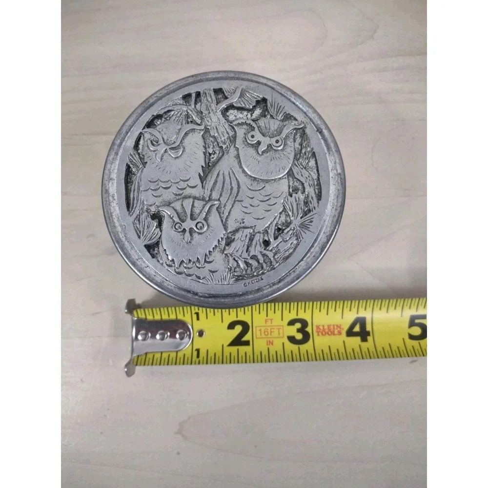 Vintage Pewter Owls Round Trinket Box Designs By Metzke Pewter 1970